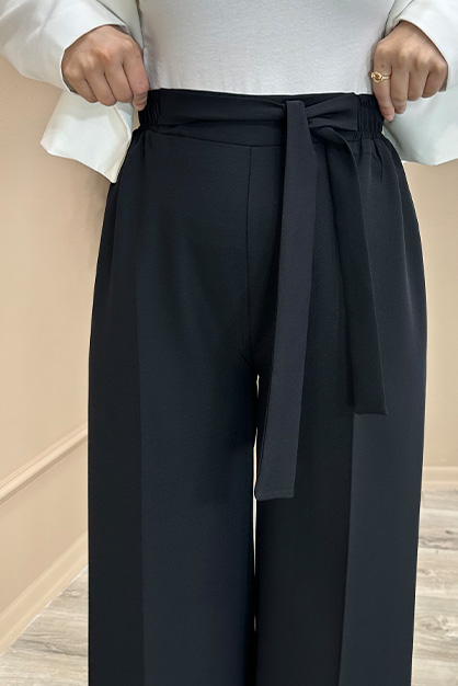 Modam Afra - Beli Lastikli Kuşaklı Dabıl Pantolon Siyah (1)
