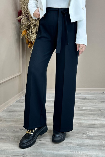 Modam Afra - Beli Lastikli Kuşaklı Dabıl Pantolon Siyah