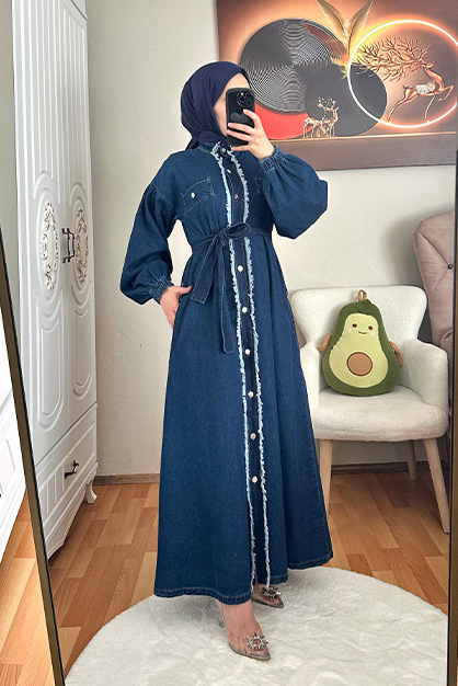 Modam Afra - Boydan Düğmeli Kot Elbise Koyu Mavi