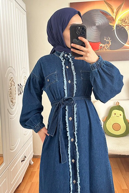 Modam Afra - Boydan Düğmeli Kot Elbise Koyu Mavi (1)