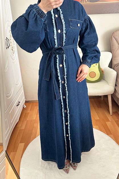 Boydan Düğmeli Kot Elbise Koyu Mavi