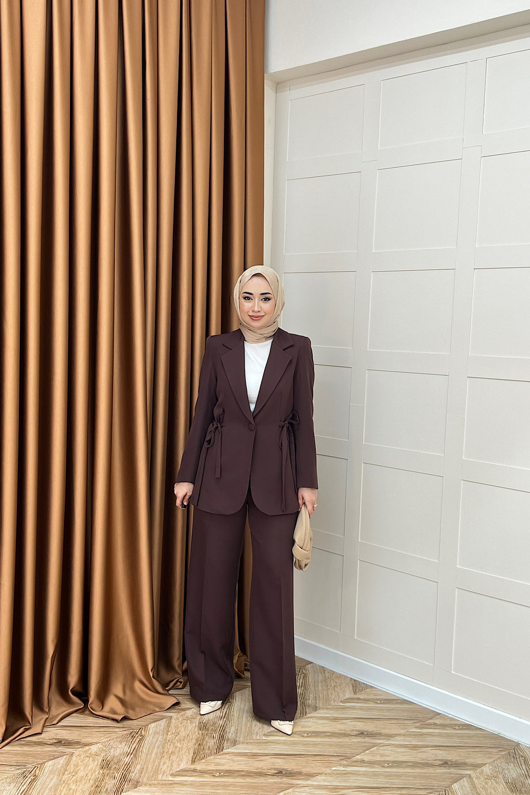 Zeina Bel Detay Ceketli Takım Kahverengi 06202-KAHVERENGI