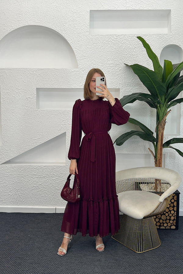 Bella Piliseli Şifon Elbise Bordo 04670-BORDO
