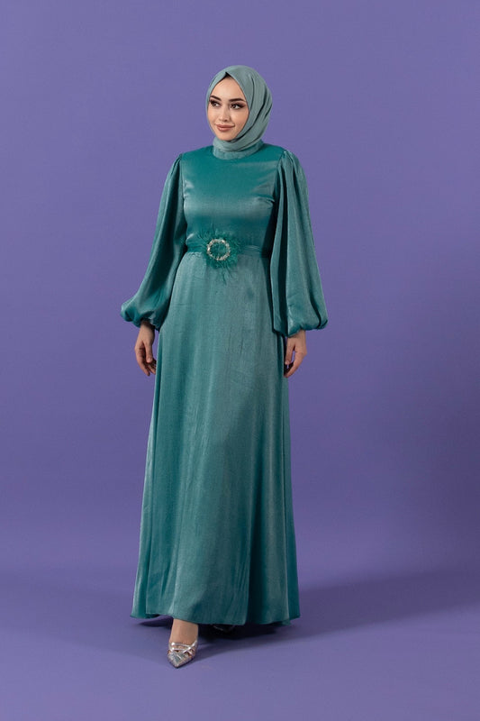 Taş Tüy Detay Janjan Elbise Mint 3007-MINT