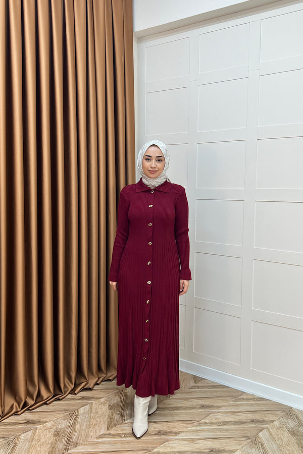 Endam Düğmeli Triko Elbise Bordo 10201-BORDO