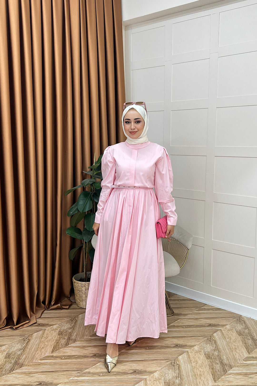 Elvin Belden Pileli Elbise Pembe 2656-PEMBE