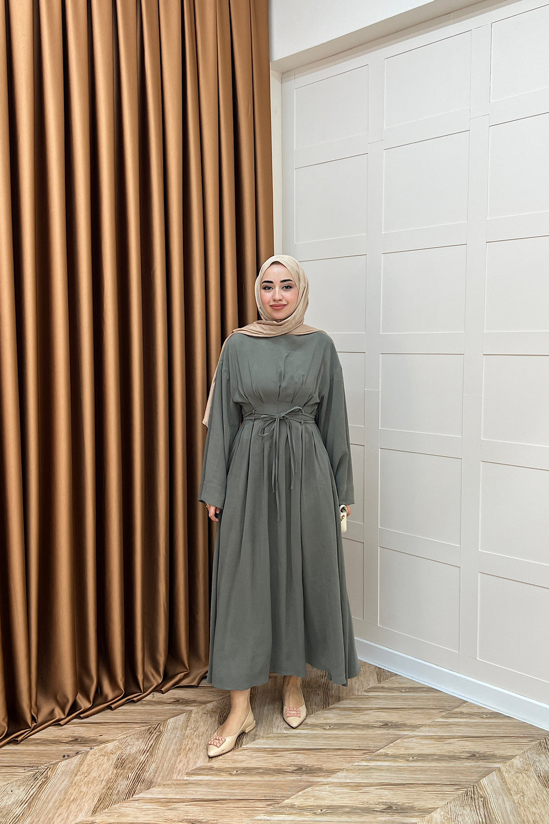 Belden Bağlamalı Cupra Elbise Yeşil 5013-YESIL