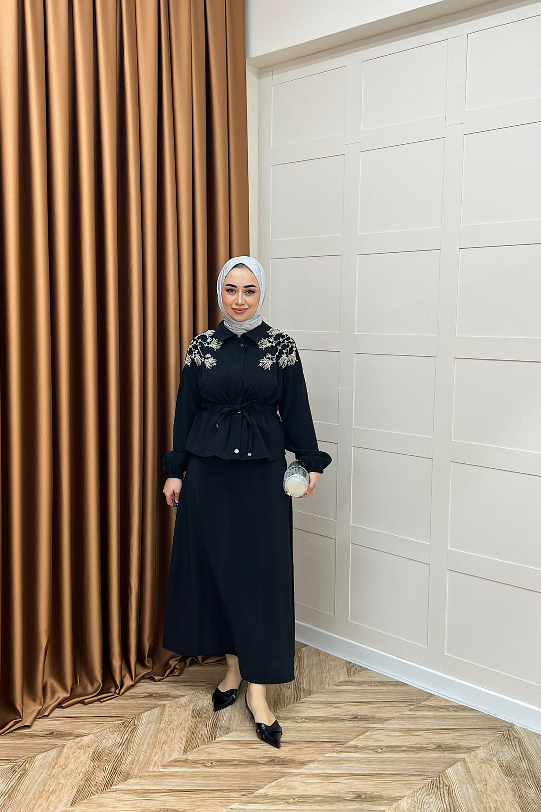 Laura Taş İşlemeli Etek Takım Siyah 02969-SIYAH