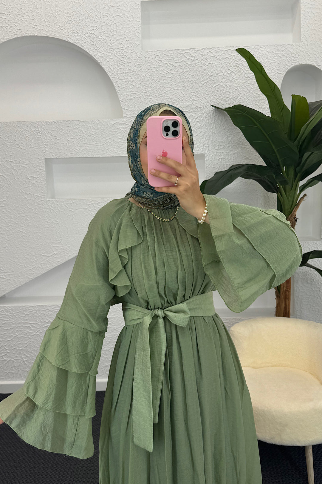 Lio Fırfır Detay Elbise Çağla Yeşili 3370-ÇAGLAYESILI