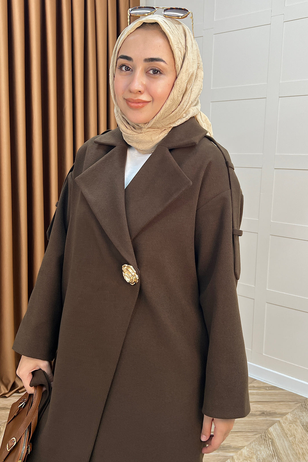 Parya Omuz Detay Kaşe Kaban Kahverengi 5531-KAHVERENGI