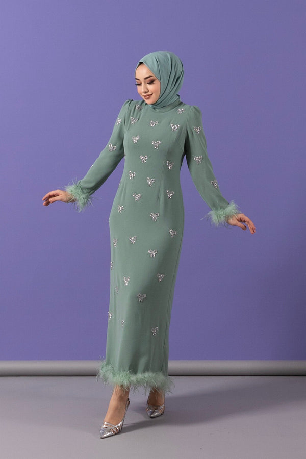 Kolları Tüy Detay Taş İşlemeli Abiye Mint 3018-MINT