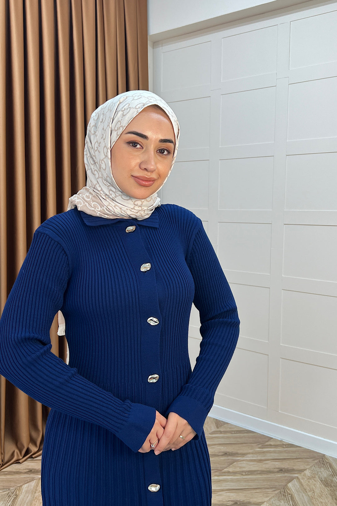 Endam Düğmeli Triko Elbise Lacivert 10201-LACIVERT