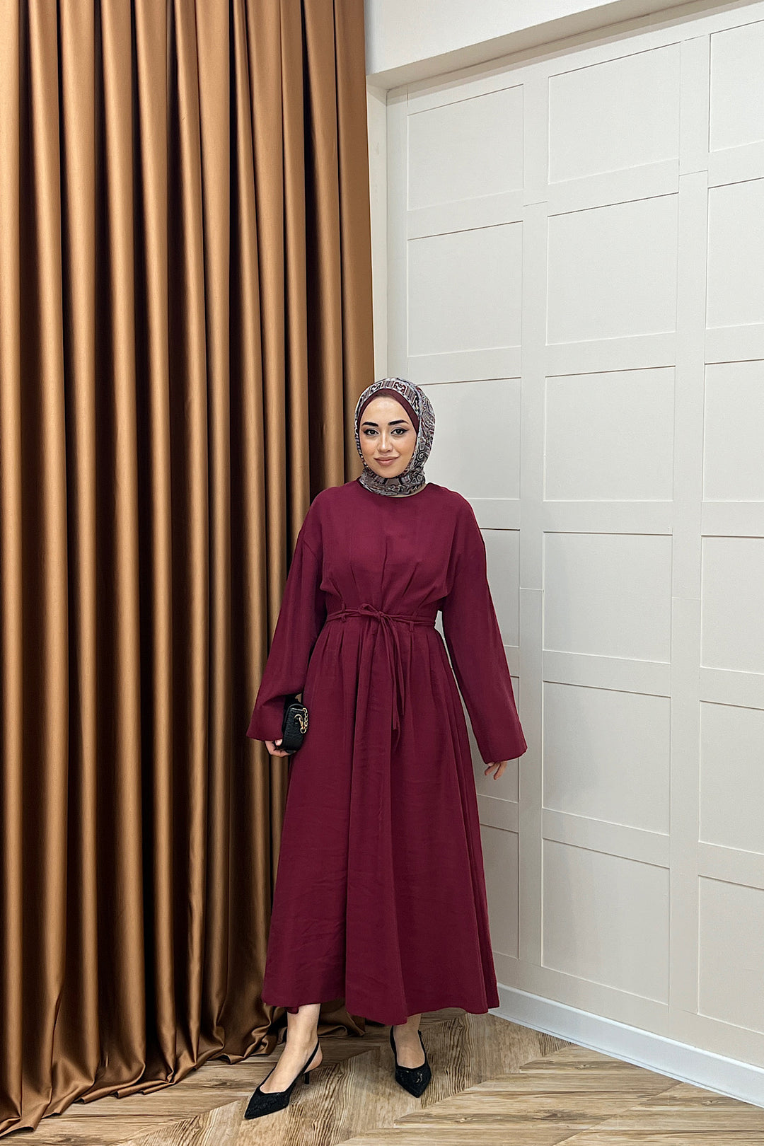 Alya Belden Bağlamalı Elbise Bordo 39020-BORDO