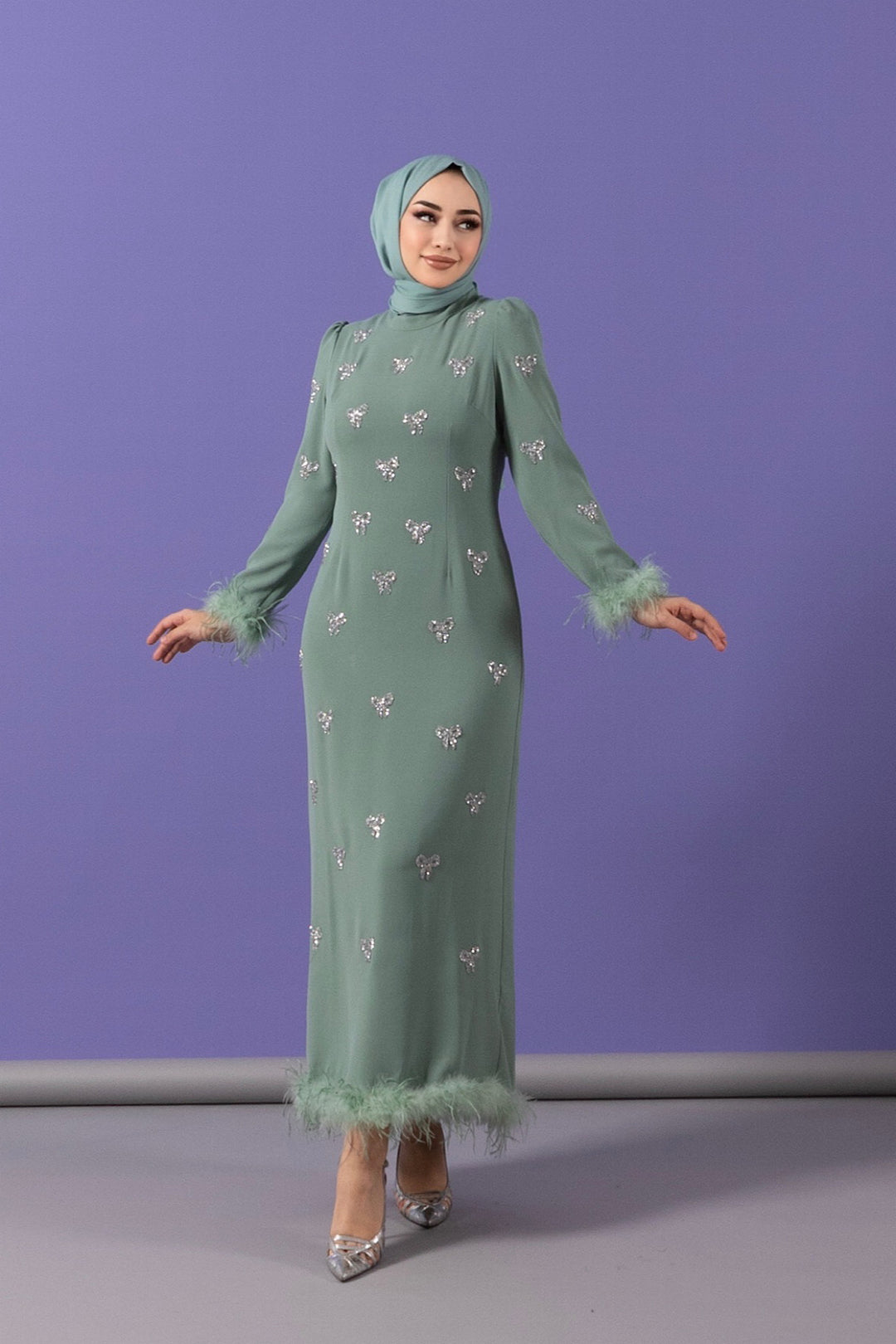 Kolları Tüy Detay Taş İşlemeli Abiye Mint 3018-MINT