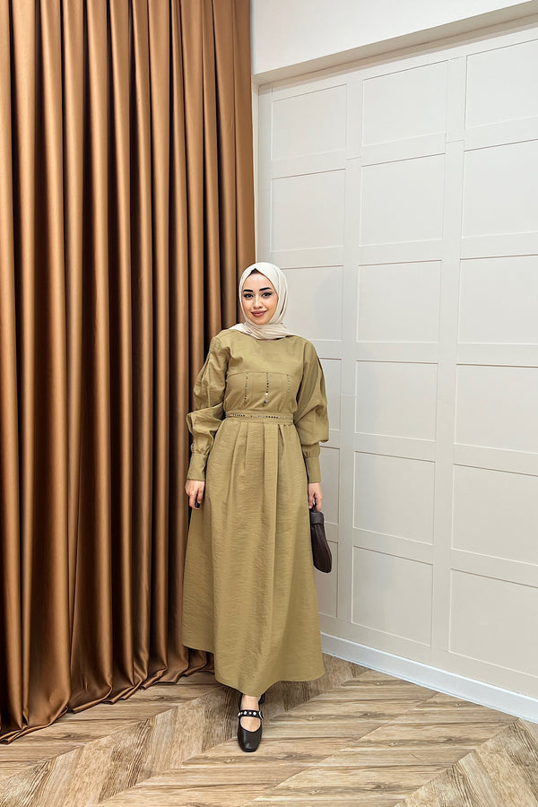 Lara Taş Detaylı Elbise Yağ Yeşili 26030-YAGYESILI