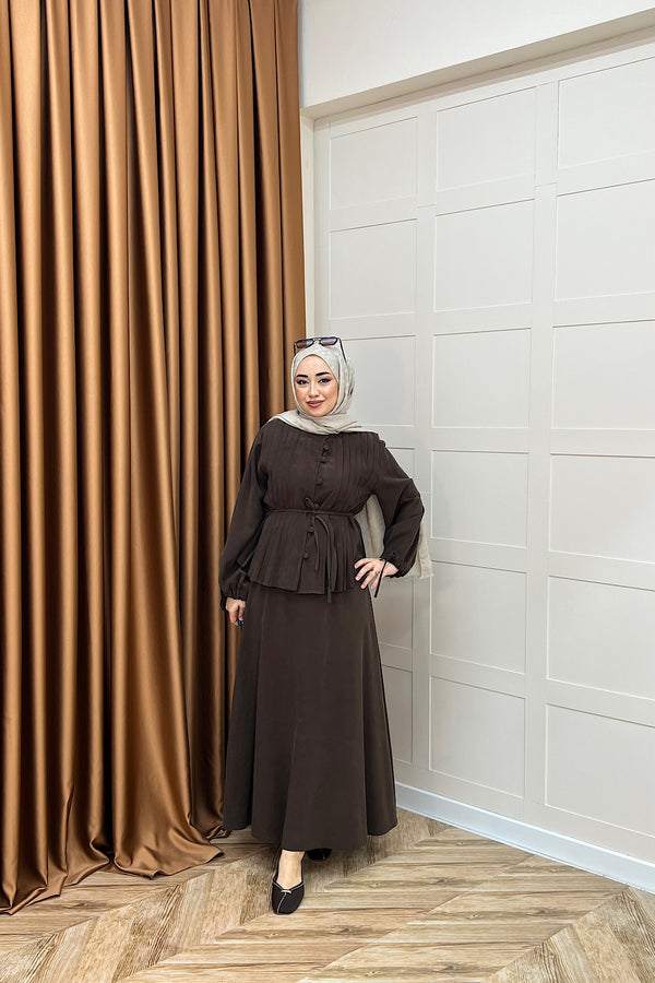 Arya Pileli Etek Takım Kahverengi 2654-KAHVERENGI