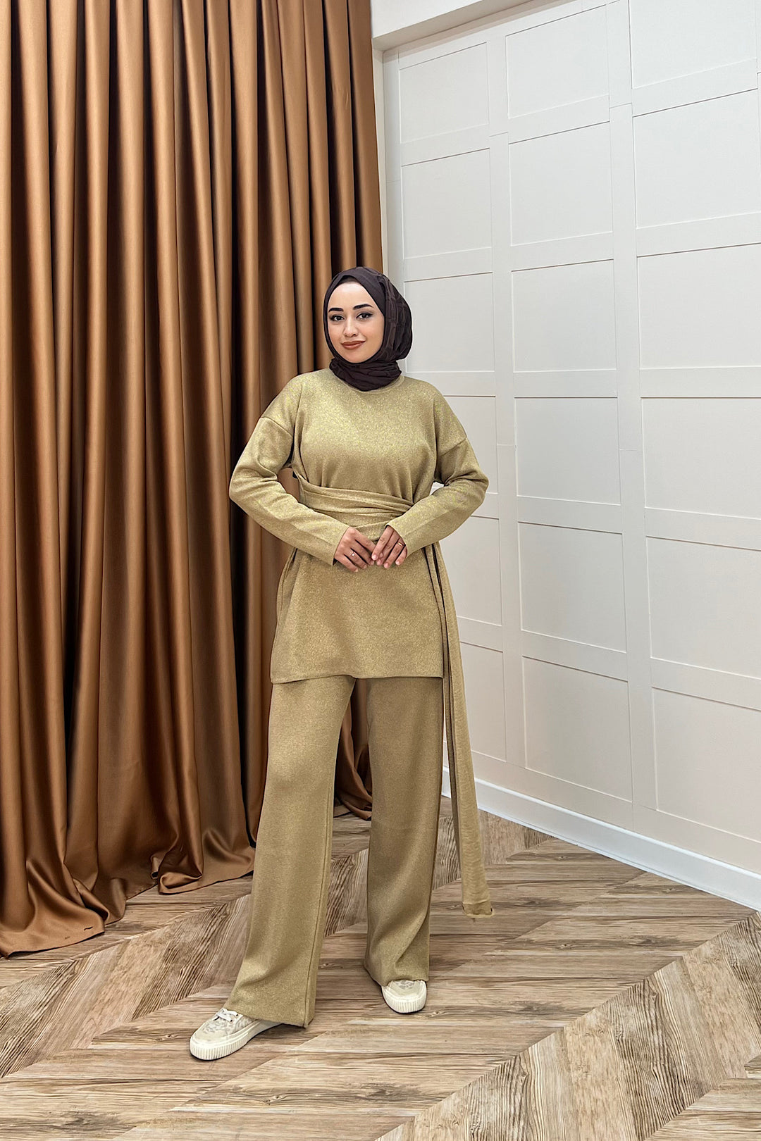 Yakamoz Şal Detay Simli Triko Takım Camel 25280-CAMEL