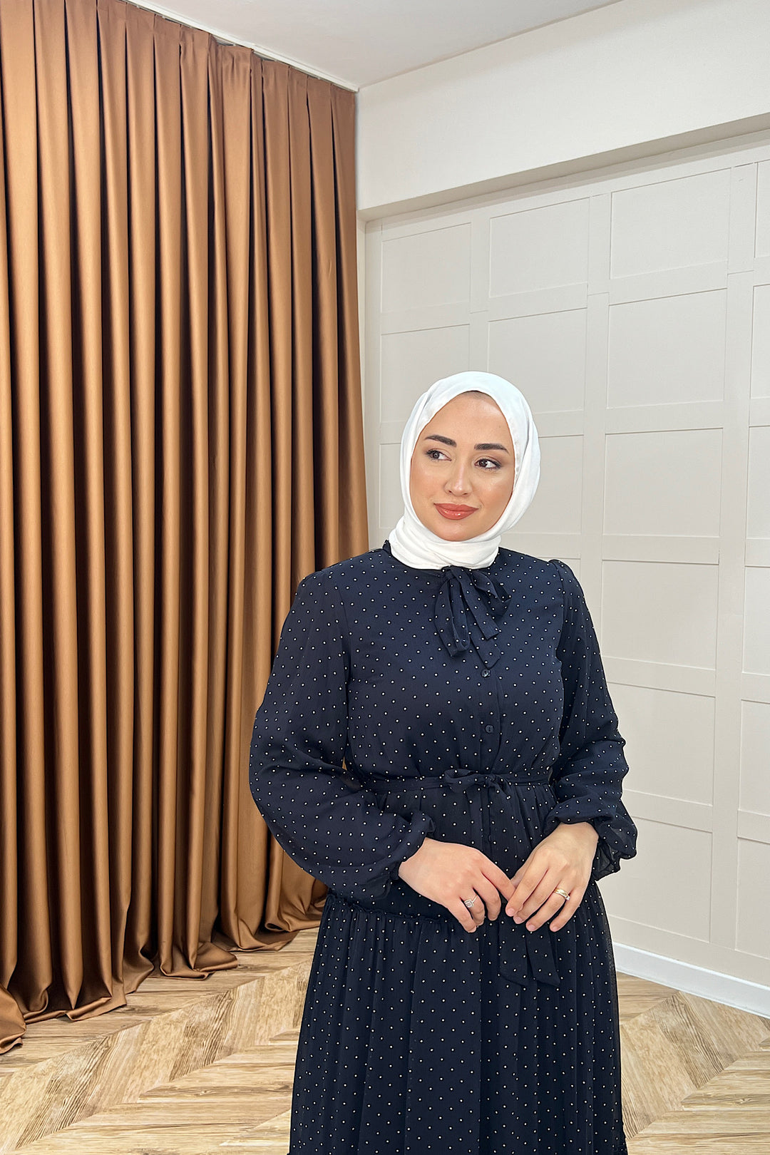 Lea Puantiyeli Şifon Elbise Lacivert 03036-LACIVERT