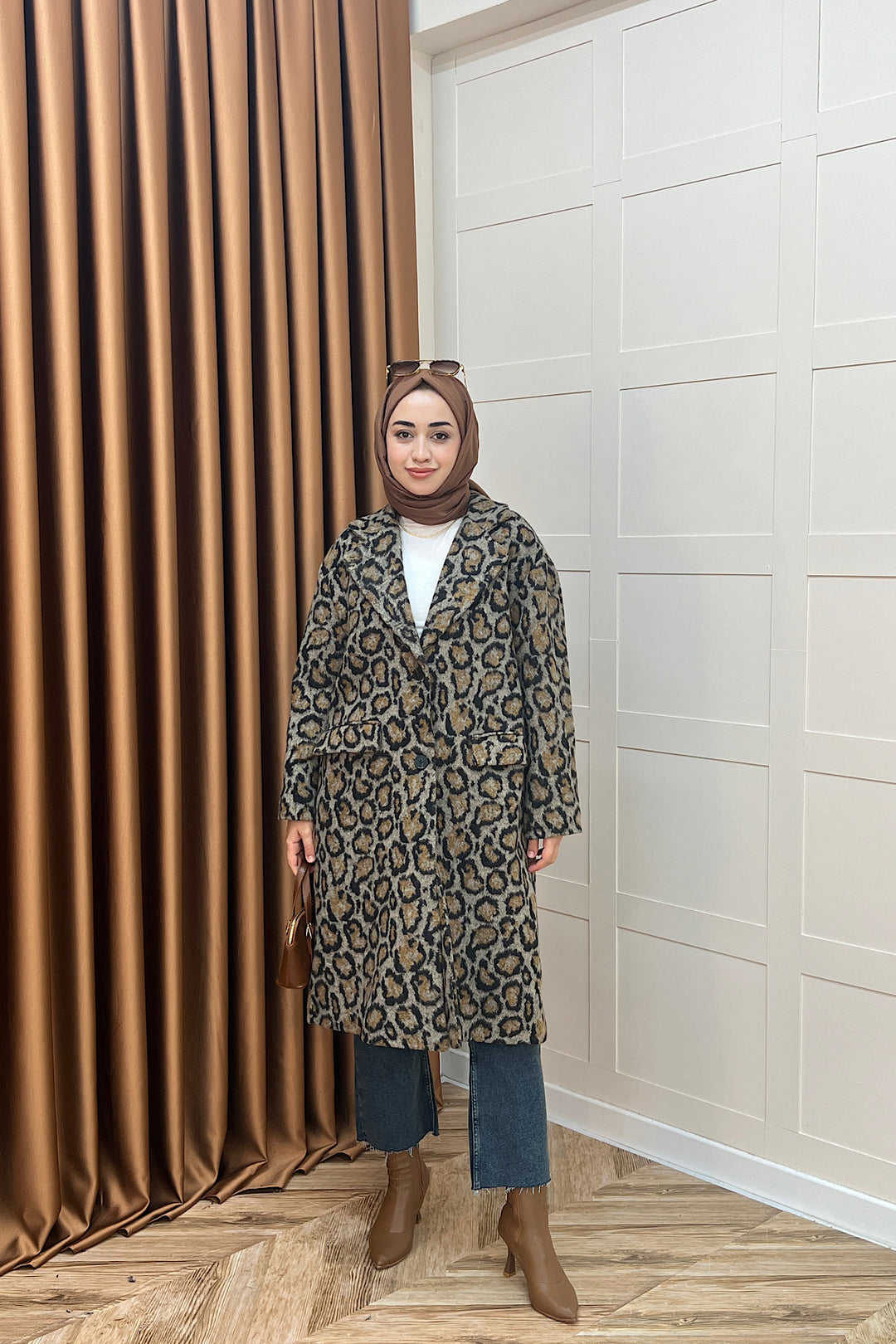 Leopar Desen Kaşe Kaban Kahverengi 2033-KAHVERENGI