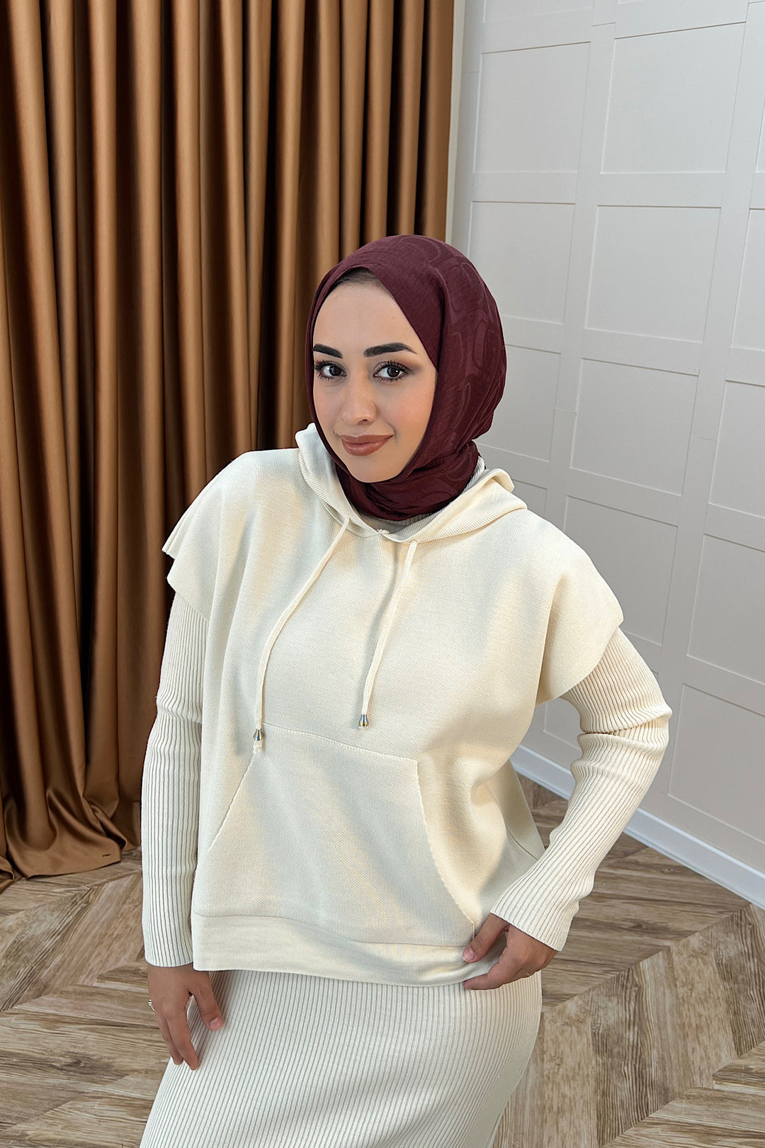 Üst Kapüşonlu İkili Triko Elbise Krem 25290-KREM