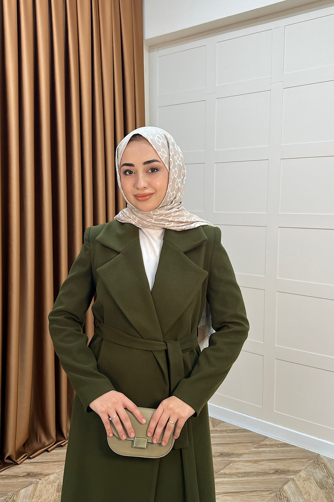 Premium Kuşaklı Kaşe Kaban Haki 5510-HAKI