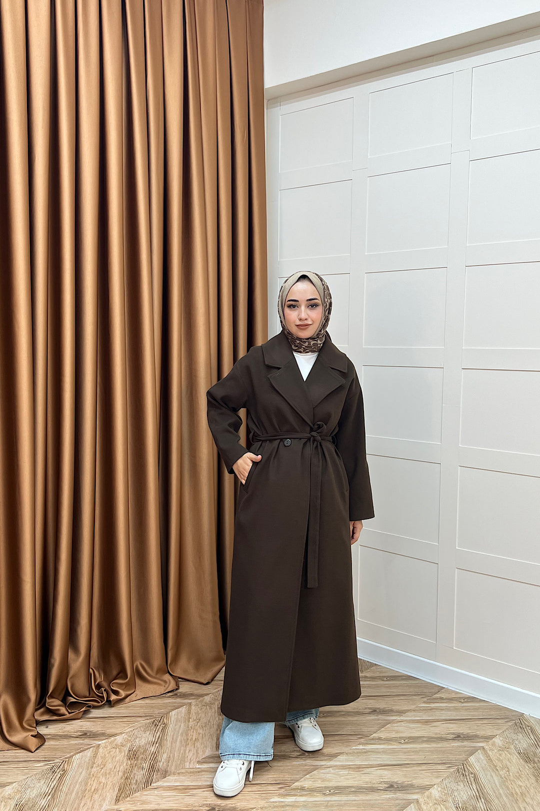 Retro Premium Kumaş Uzun Kaşe Kaban Kahverengi 5509-KAHVERENGI