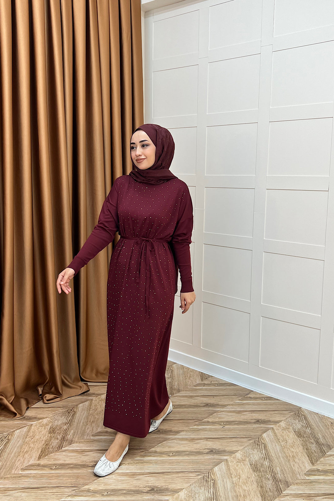 Mabel Taşlı Triko Elbise Bordo 25270-BORDO