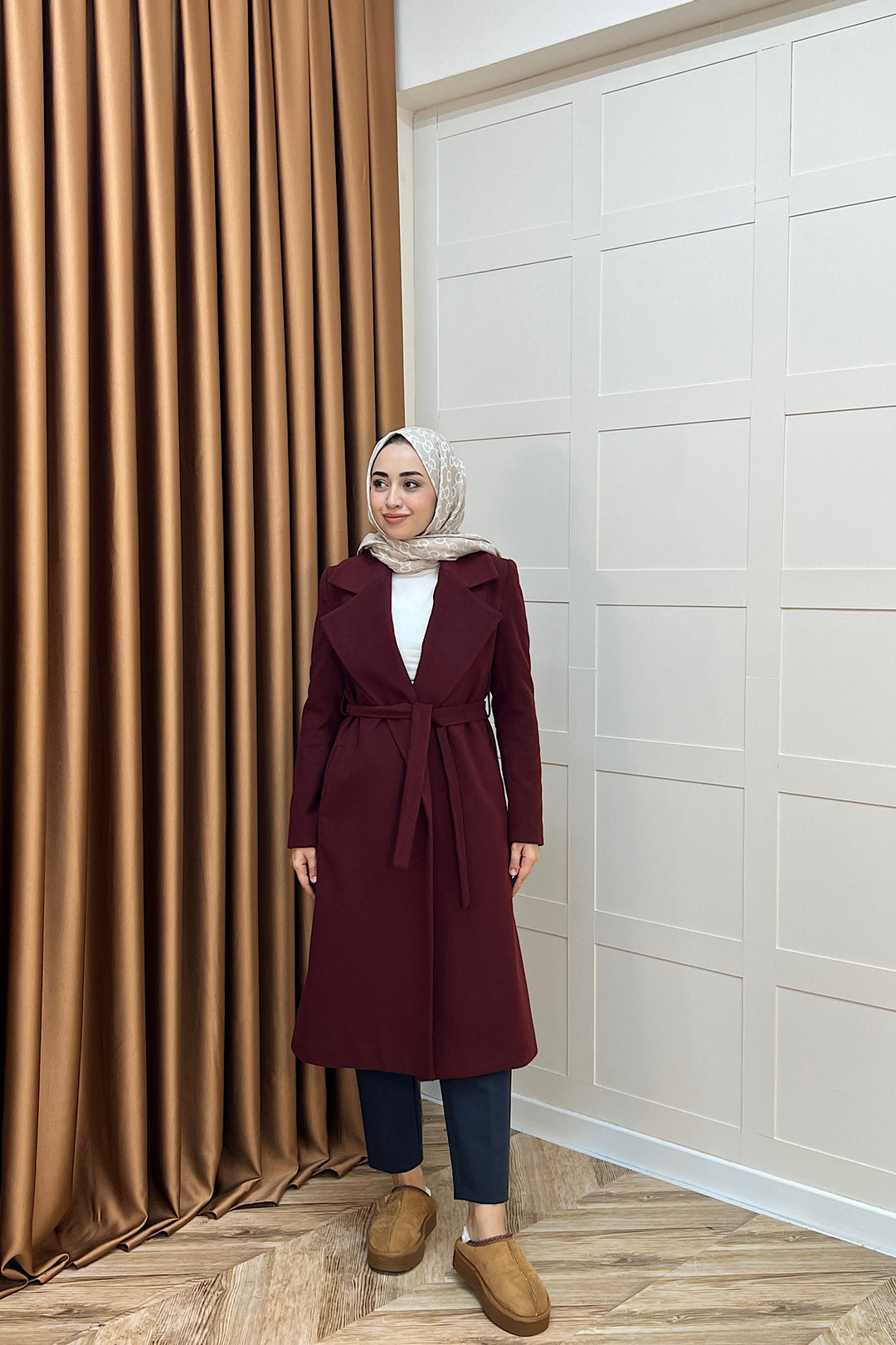 Premium Kuşaklı Kaşe Kaban Bordo 5510-BORDO