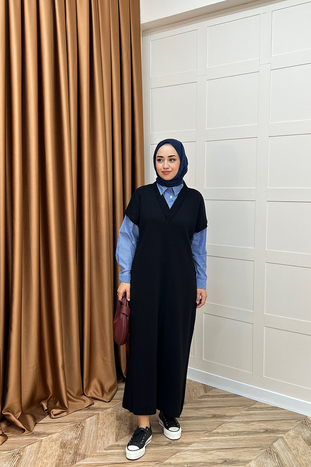 Samira Gömlek Detaylı Triko Elbise Siyah 241110-SIYAH