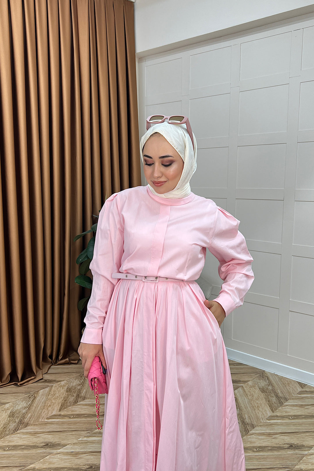 Elvin Belden Pileli Elbise Pembe 2656-PEMBE