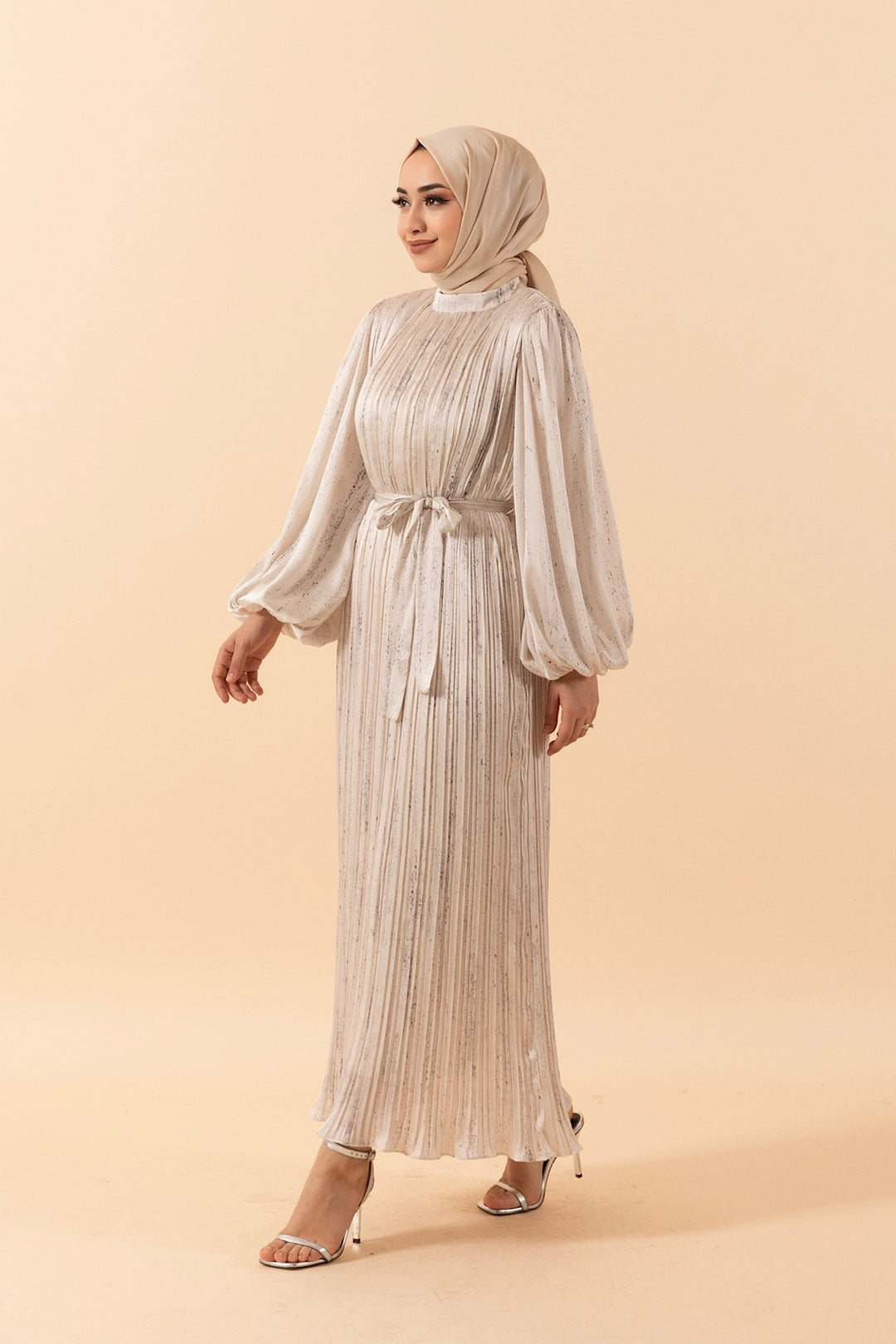 Pileli Saten Elbise Taş 3003-TAS