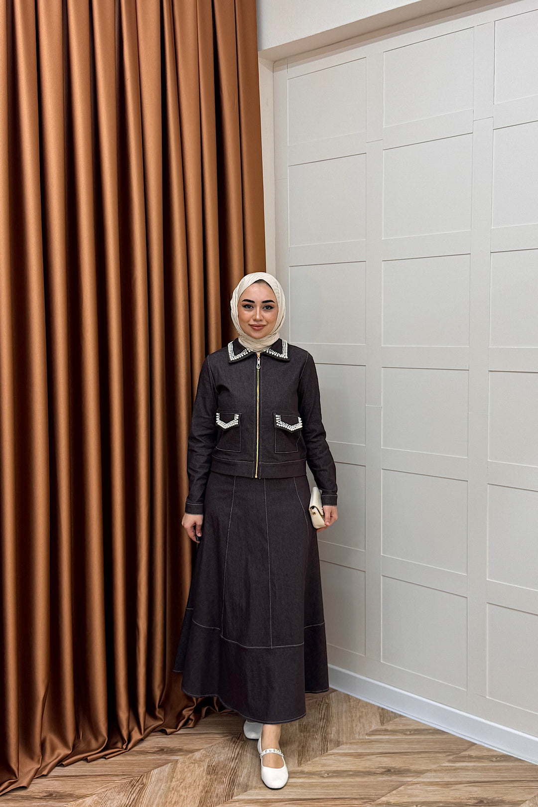 Klara İnci Detay Kot Takım Kahverengi 3095-KAHVERENGI