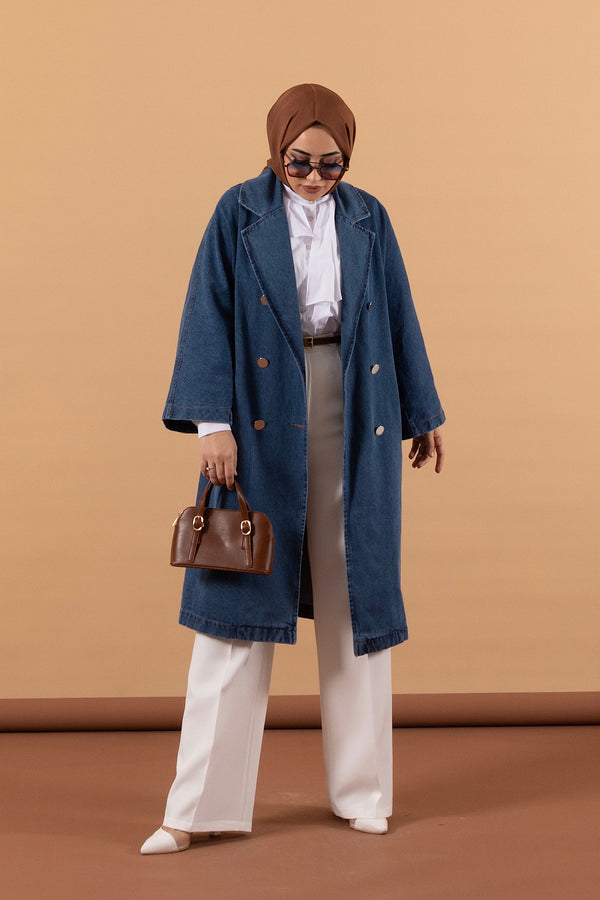 Uzun Denim Ceket Mavi 5505-MAVI