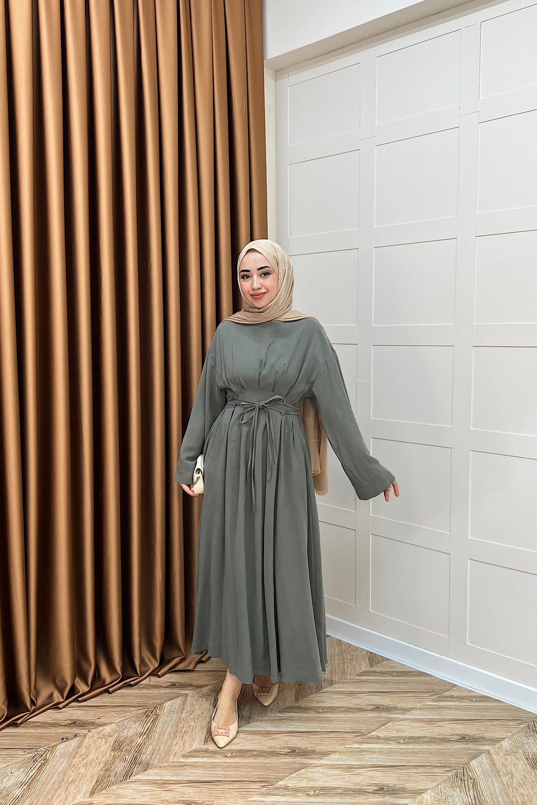 Belden Bağlamalı Cupra Elbise Yeşil 5013-YESIL