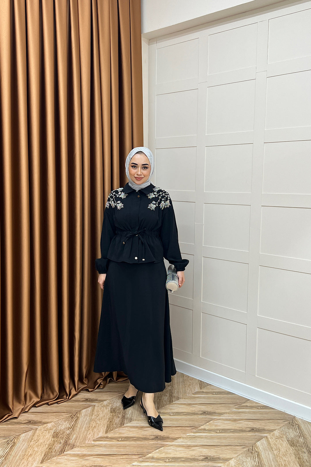 Laura Taş İşlemeli Etek Takım Siyah 02969-SIYAH
