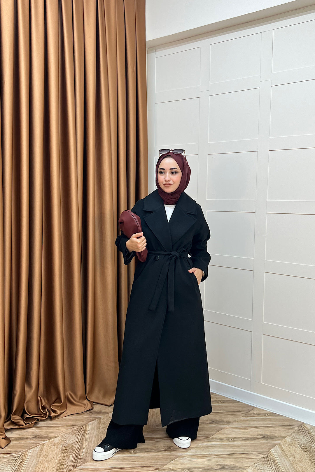 Retro Premium Kumaş Uzun Kaşe Kaban Siyah 5509-SIYAH