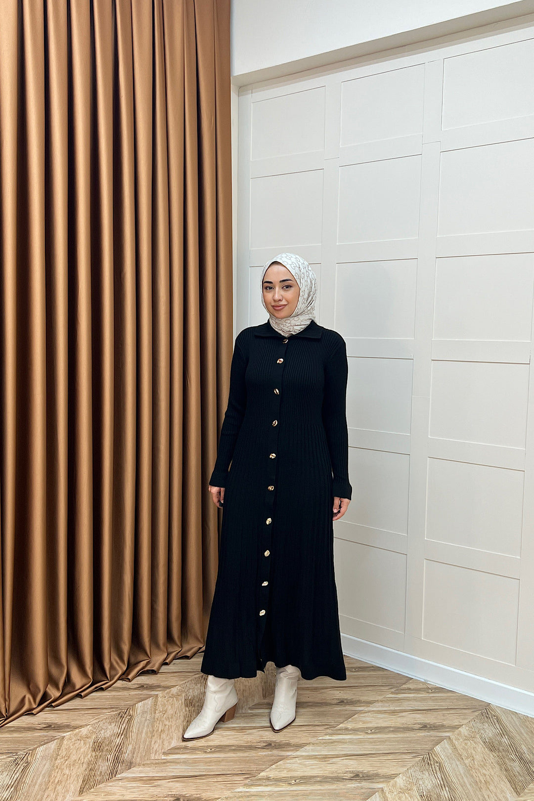 Endam Düğmeli Triko Elbise Siyah 10201-SIYAH