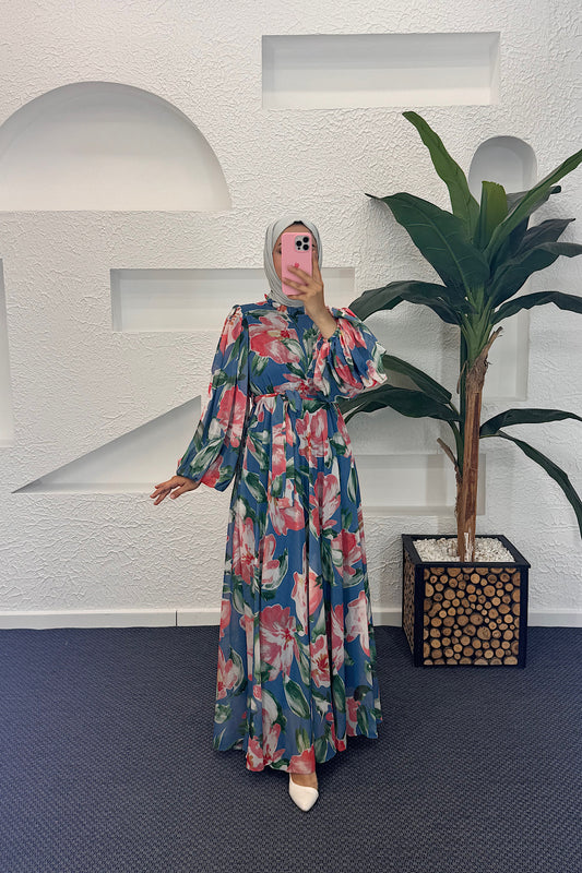 Mindy Hayal Desen Elbise Mavi 3055-MAVI