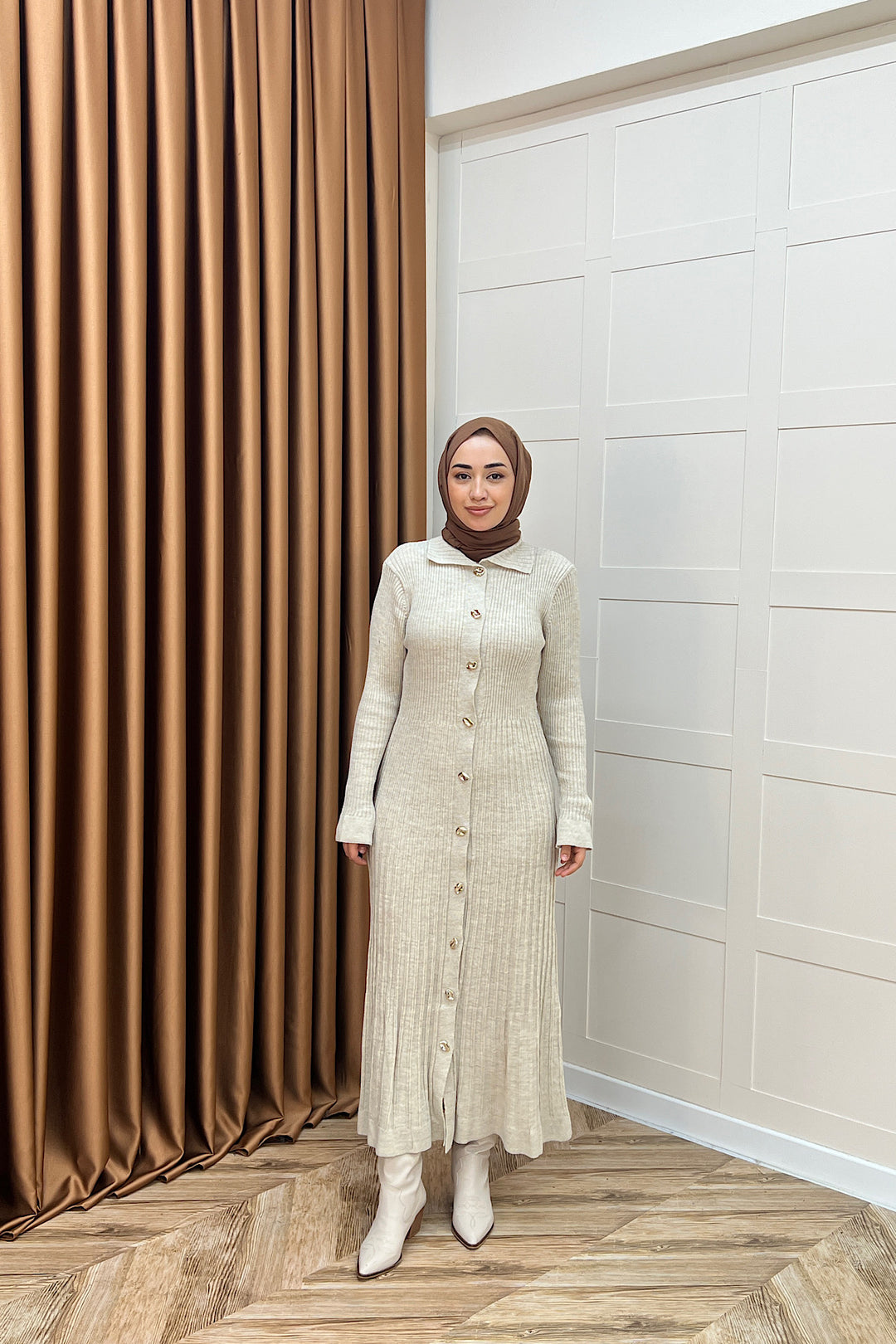 Endam Düğmeli Triko Elbise Taş 10201-TAS