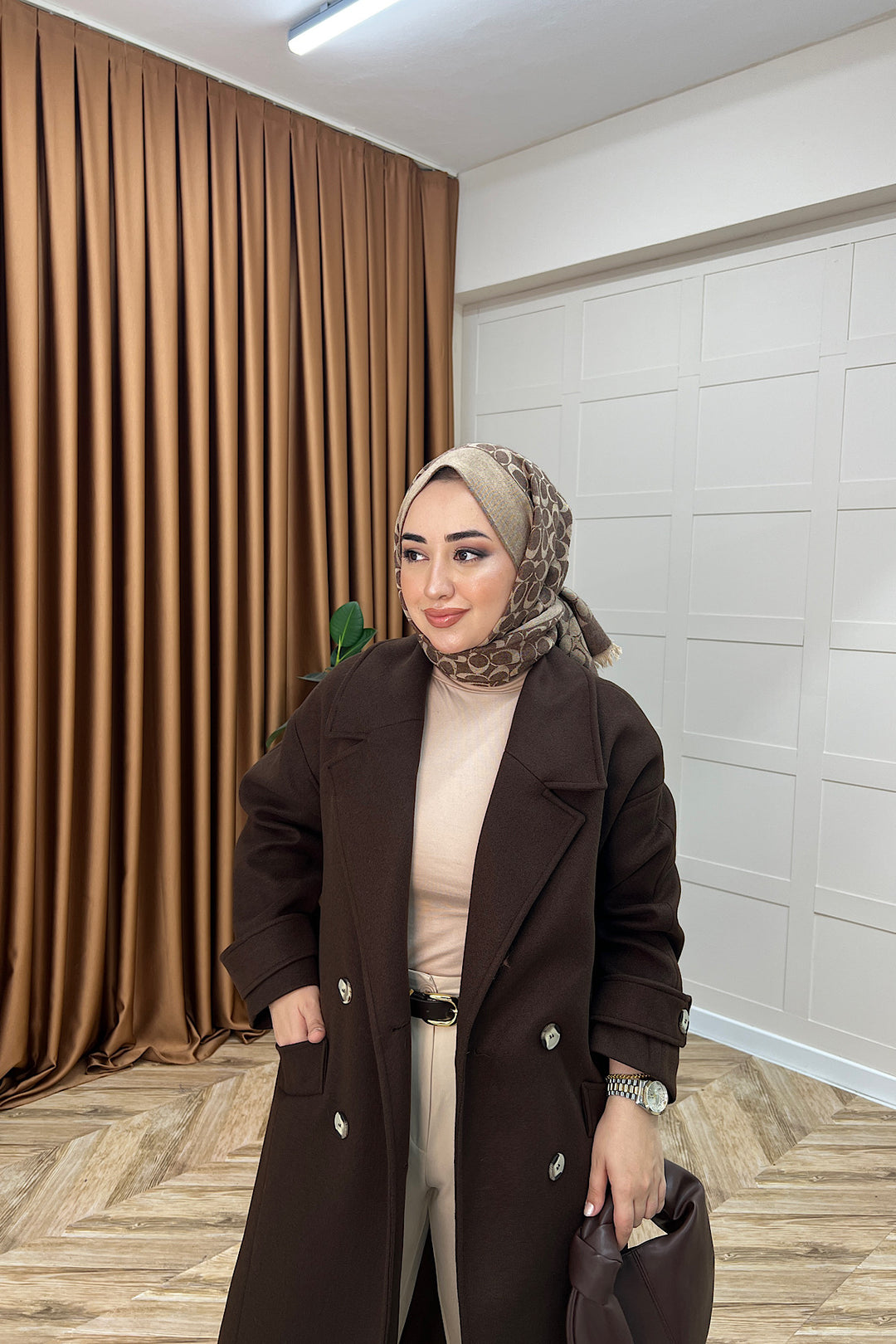 Lara Kuşaklı Kaşe Kaban Kahverengi 5541-KAHVERENGI