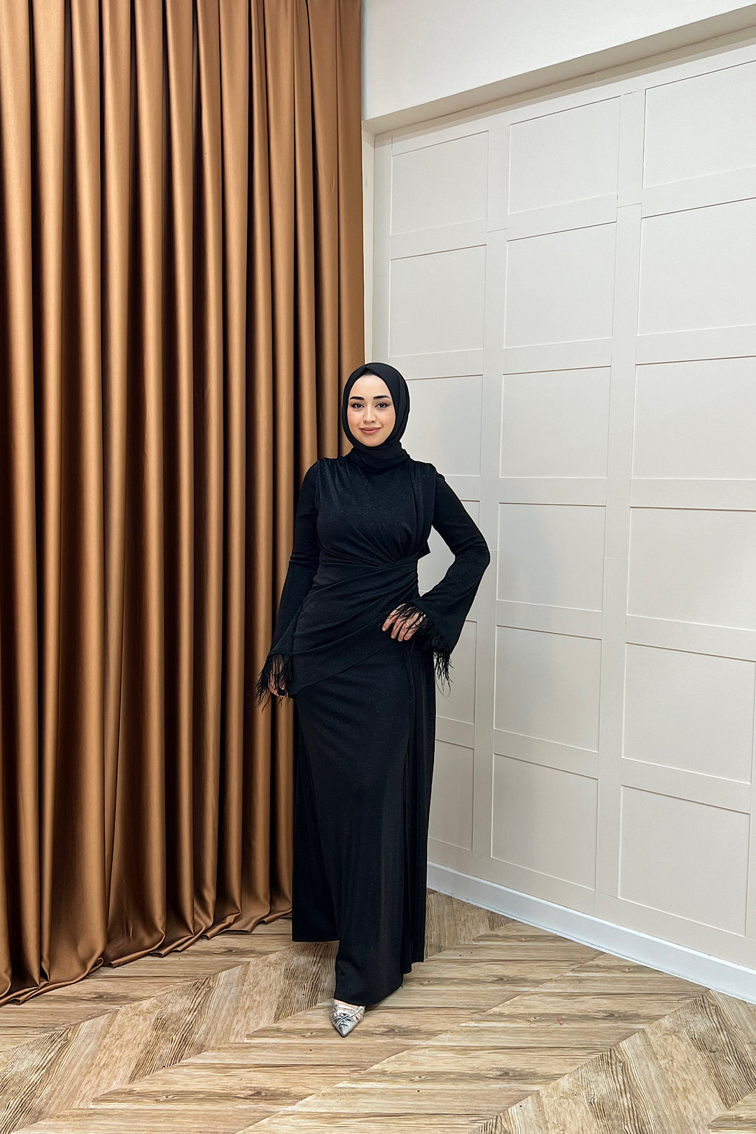 Rosalin Tüy Detay Abiye Siyah 3088-SIYAH