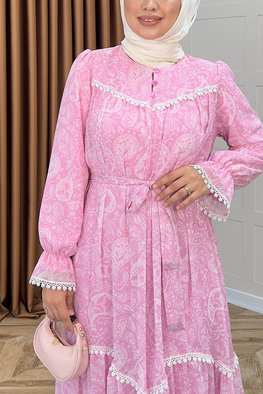 Lisa Dantel Detay Elbise Pembe 3051-PEMBE