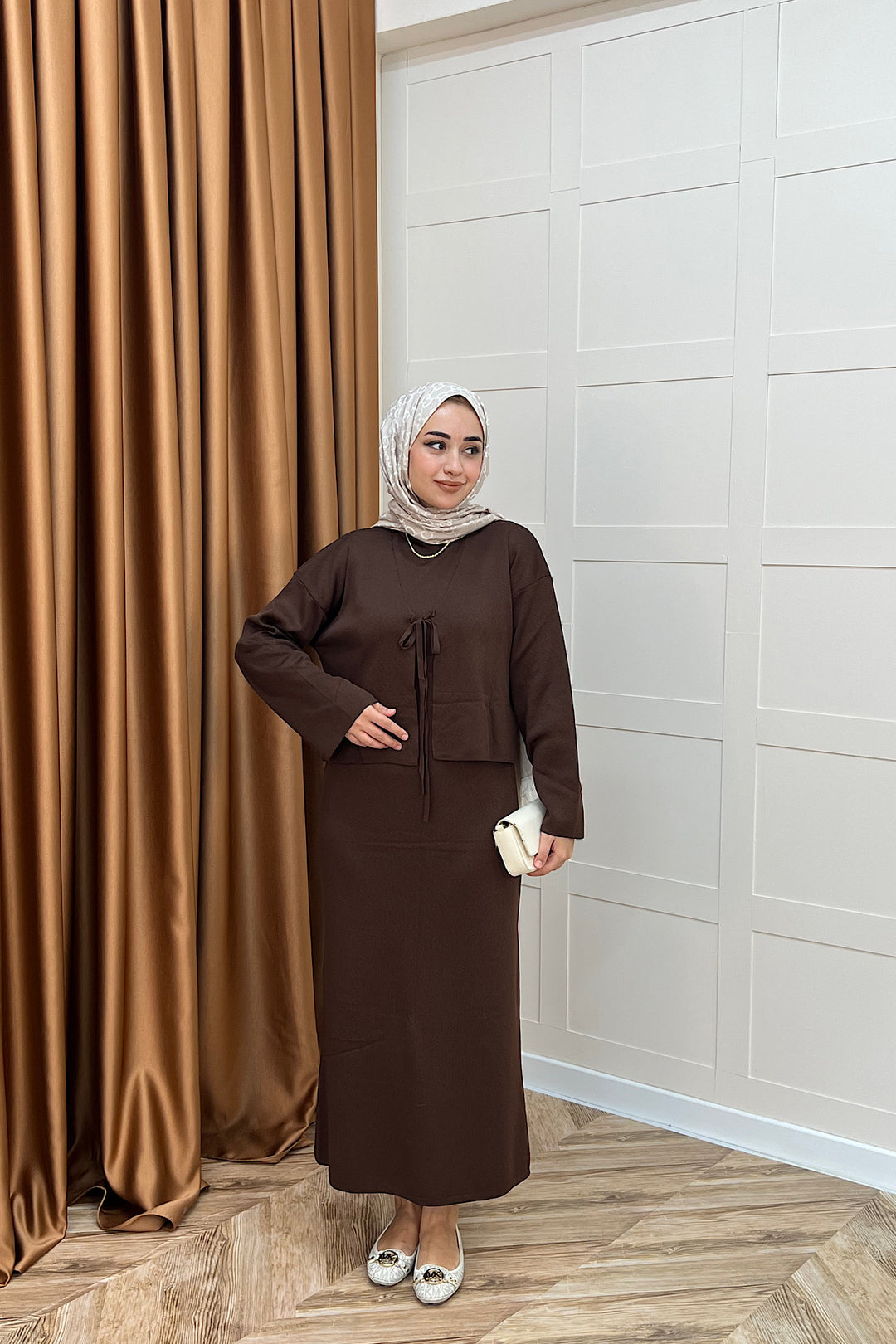 Ester Croplu İkili Triko Elbise Kahverengi 25160-KAHVERENGI