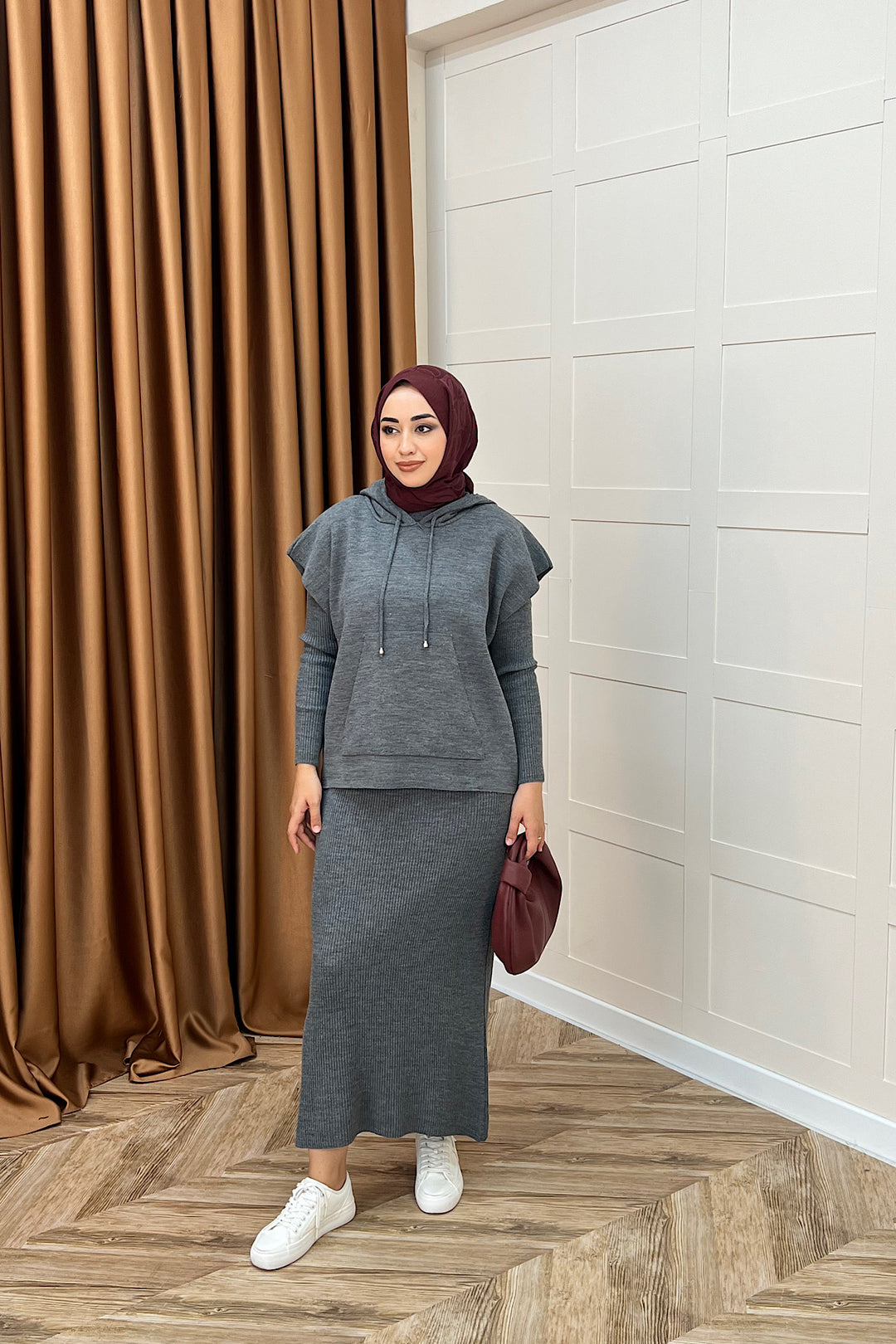 Üst Kapüşonlu İkili Triko Elbise Gri 25290-GRI