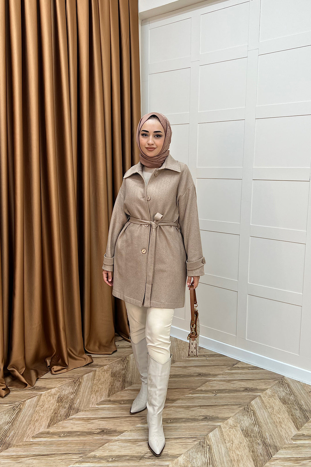 Bensu Kuşaklı Kaşe Kaban Kahverengi 5518-KAHVERENGI