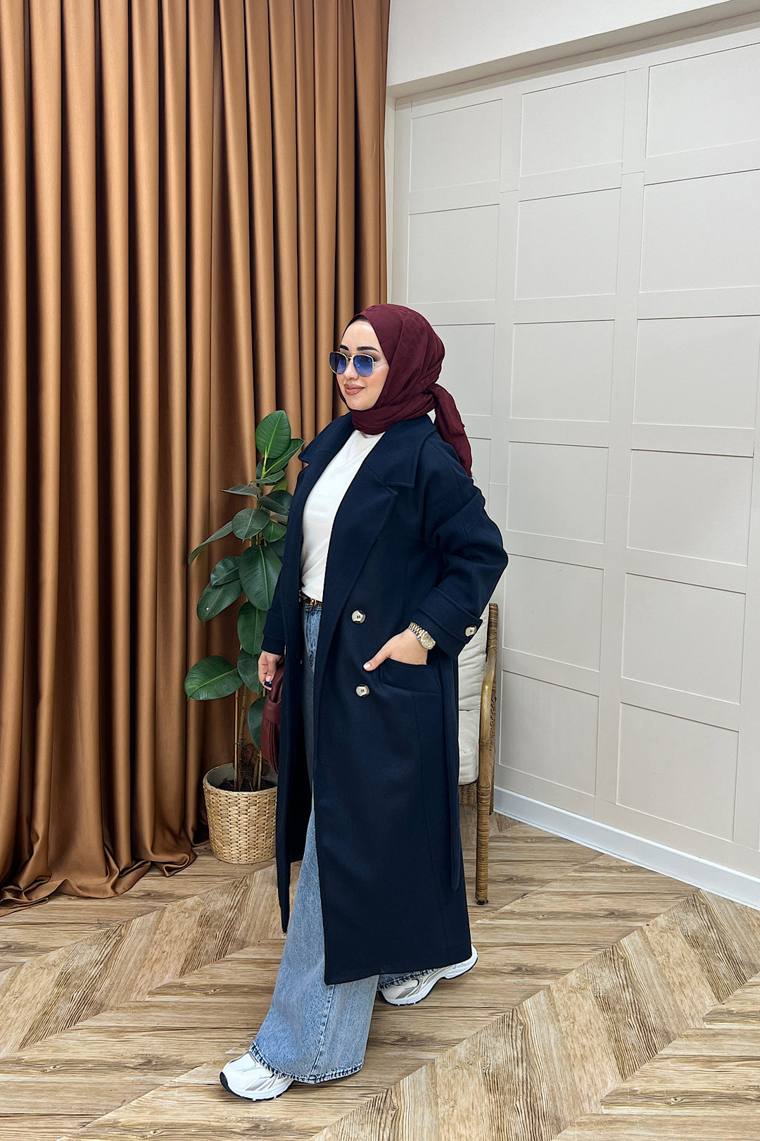 Lara Kuşaklı Kaşe Kaban Lacivert 5541-LACIVERT