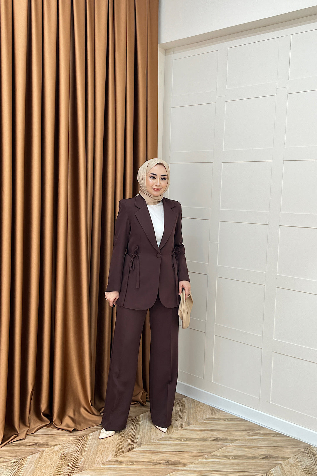 Zeina Bel Detay Ceketli Takım Kahverengi 06202-KAHVERENGI