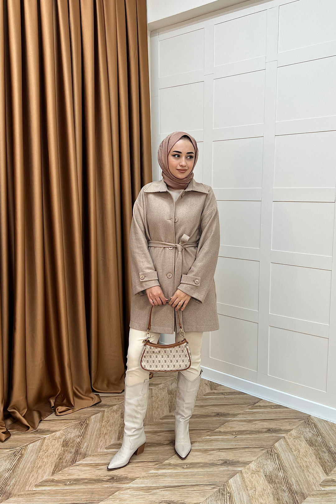 Bensu Kuşaklı Kaşe Kaban Kahverengi 5518-KAHVERENGI