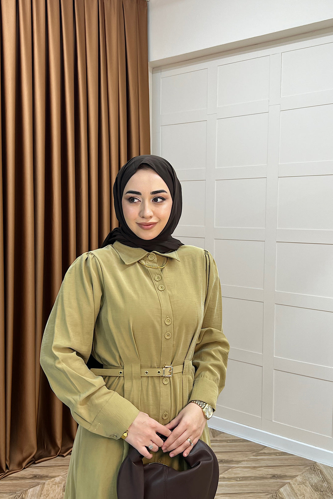 Nisa Boydan Düğmeli Elbise Yağ Yeşili 3000-YAGYESILI