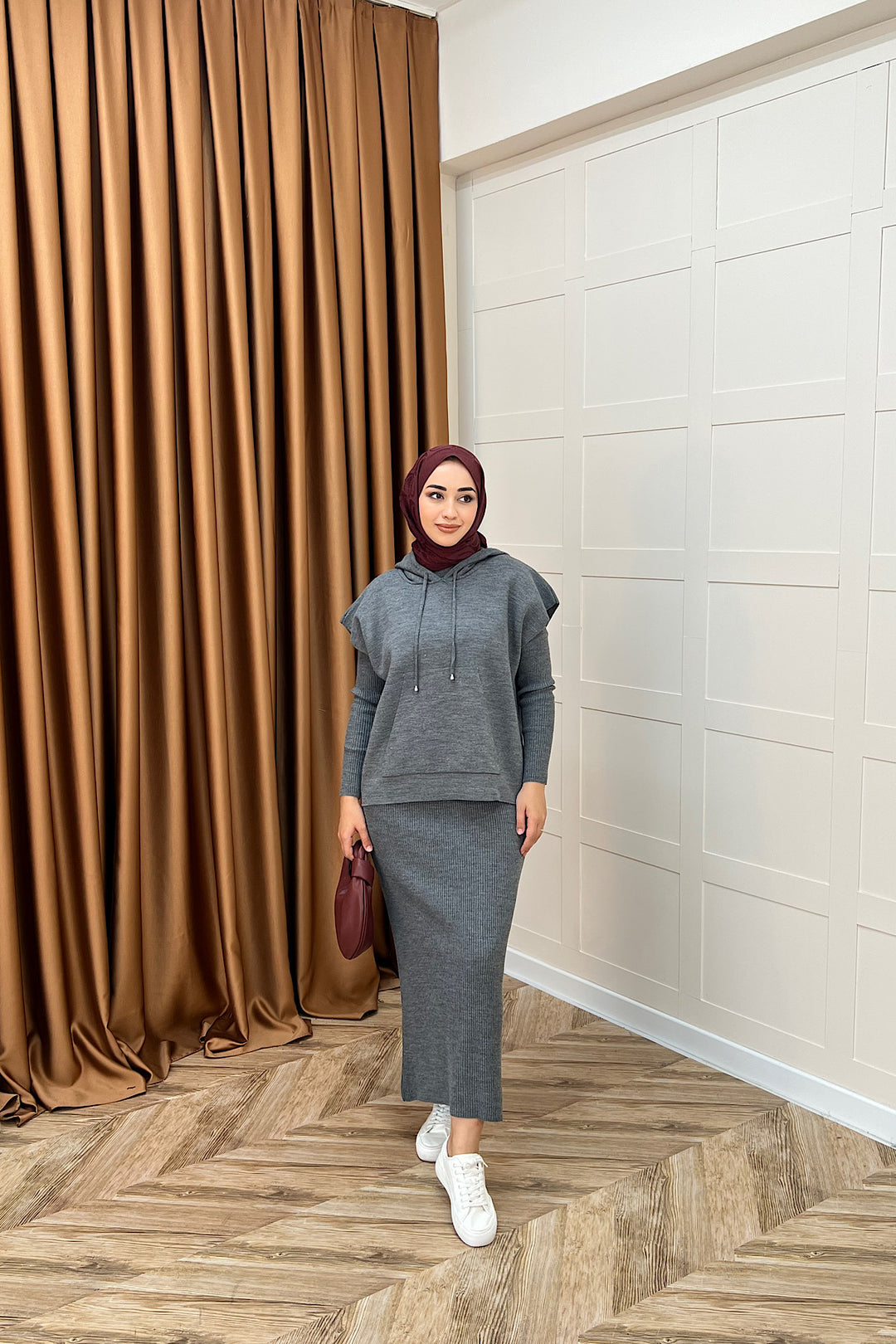 Üst Kapüşonlu İkili Triko Elbise Gri 25290-GRI